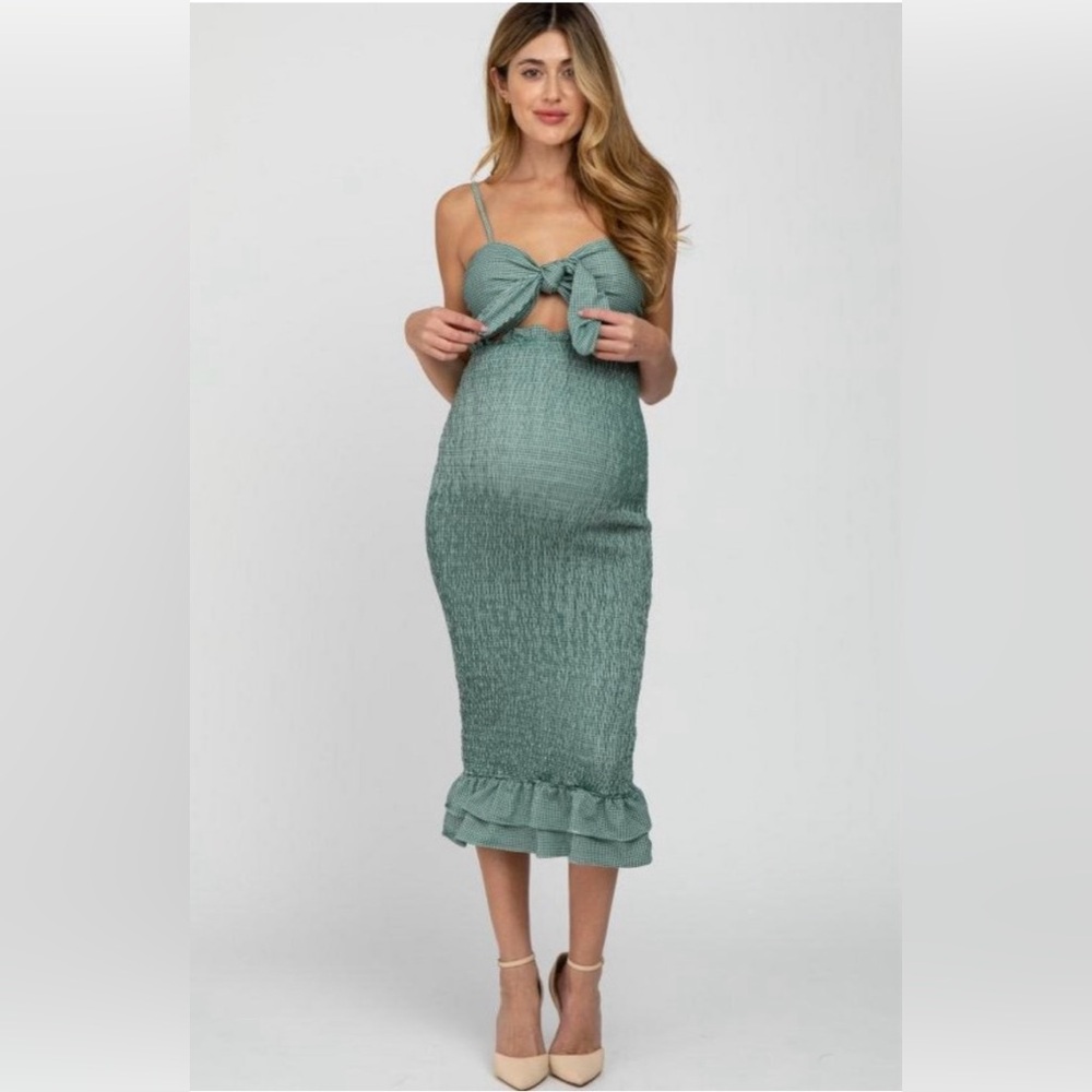 Green Smocked Tie-Front Midi Dress
